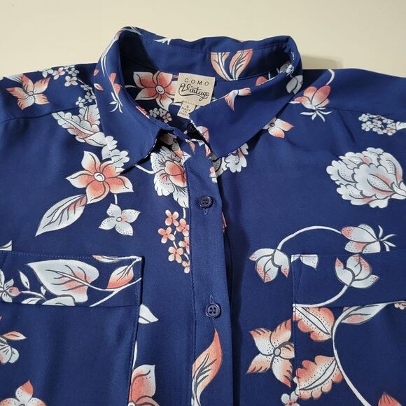 Como Vintage Women's Navy Floral Long Button-Down Polyester Blouse - Picture 7 of 14